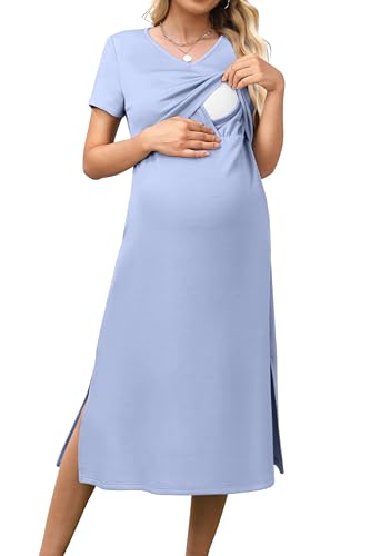 OUGES Womens 2026 Summer Short Sleeve Maternity Nursing Dress V Neck Breastfeeding Split Long Dress Pregnancy Clothes - color: Sky Blue, size: Small