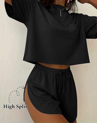 Ekouaer Womens Pajama Sets Sexy Lounge Sets Side Split Short Pj Sets - color: Black, size: Small