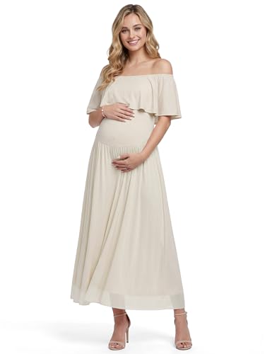 Baby Shower Dresses for Mom to Be Women Off Shoulder Ruffled Maxi Pregnant Dress Maternity Gown for Photoshoot - color: Apricot, size: XX-Large