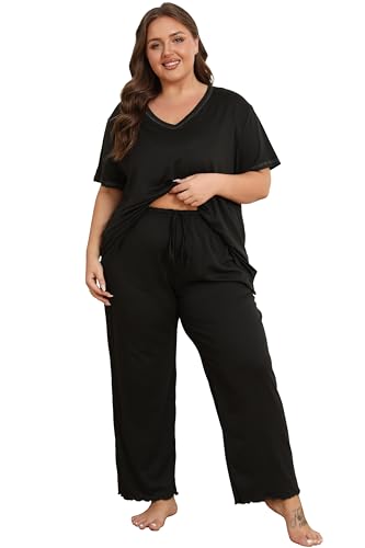 Vozanet Women's Plus Size Pajama Sets Short Sleeve Long Pants Solid Color with Piping Trim Elegant Loungewear Cozy Sleepwear - color: Black, size: X-Large