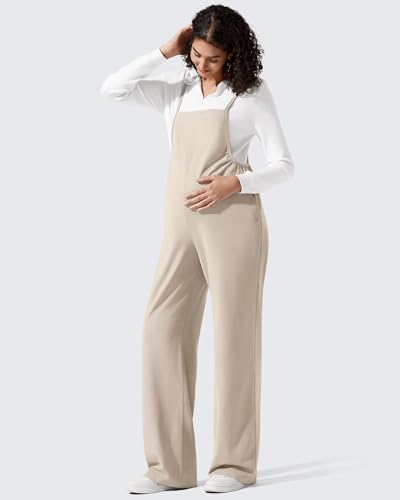 G4Free Maternity Jumpsuits Adjustable Strap Wide Leg Pregnancy Rompers - color: Light Khaki, size: X-Small