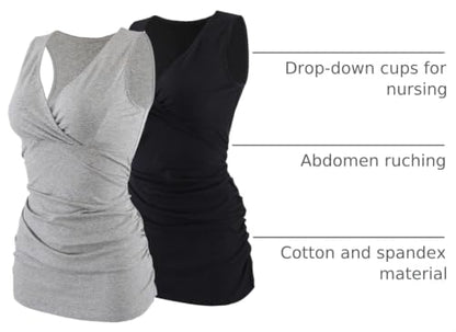 Women's Cotton V Neck Tank Top for Maternity and Nursing - color: Grey+ Black, size: Medium