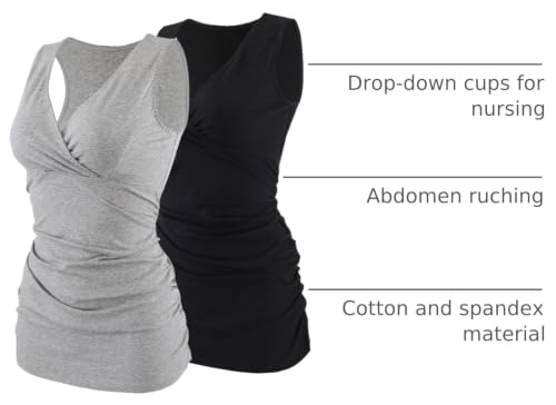Women's Cotton V Neck Tank Top for Maternity and Nursing - color: Grey+ Black, size: Large