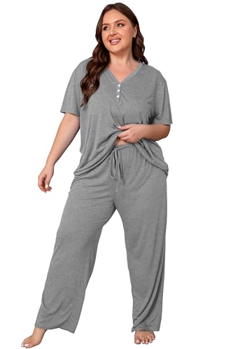Vozanet Women's Plus Size Pajama Sets V Neck Pants Sets Solid Color Button Sleepwear Soft Loungewear Nighty with Pockets - color: Light Gray, size: 3X-Large