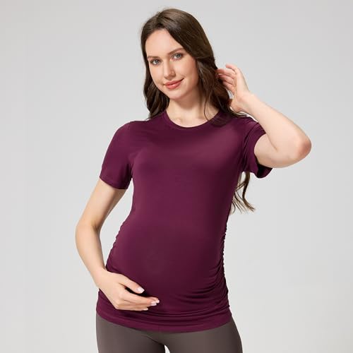 netdraw Buttery Soft Bamboo Viscose Maternity T Shirt, Pregnancy Short Sleeve Side Ruched Casual Tops - color: Claret, size: Large