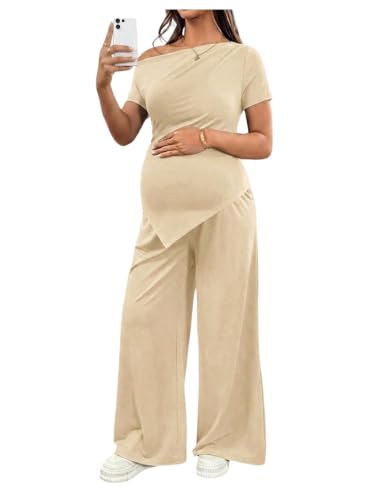 SweatyRocks Women's Maternity Sets 2 Piece Off The Shoulder Top and Pants - color: Beige, size: X-Large