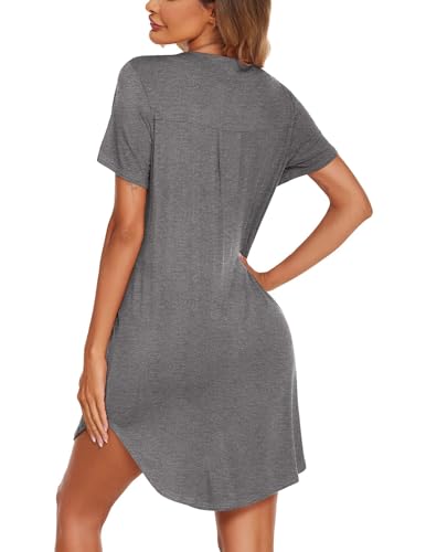 Ekouaer Womens Nightgown V Neck Button Down Sleepshirts Soft Sleepdress - color: Grey, size: X-Large