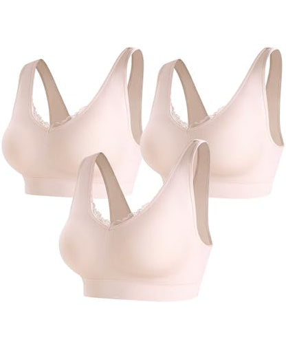 Bras for Women No Underwire Lace V-Neck Wireless Bra Wireless Sleep Bras - color: 3 Pack-skin, size: Small