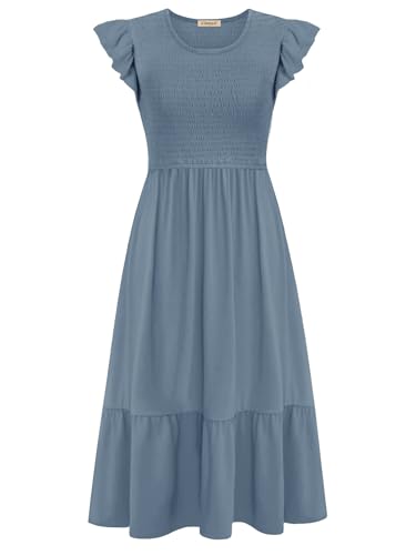 CzzzyL Women's Nursing Dress Flutter Sleeve Crew Neck Smocked Midi Pockets - color: Blue, size: Medium