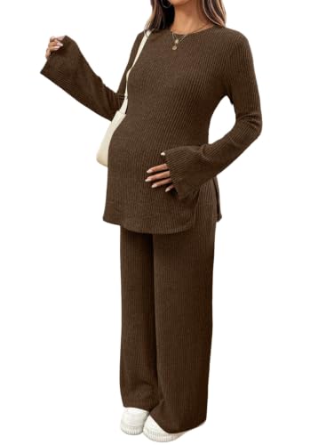 BLENCOT Maternity 2 Piece Outfits Ribbed Knit Long Sleeve Sets - color: Coffee, size: Small