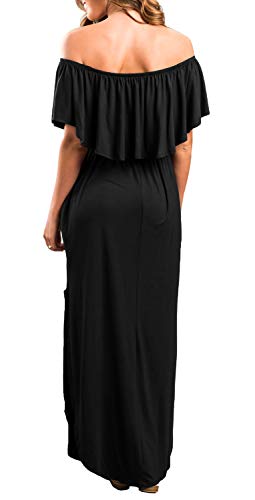 Sarin Mathews Womens Off The Shoulder Ruffle Party Dress Casual Side Split Beach Long Maxi Dresses with Pockets - color: Black, size: Small