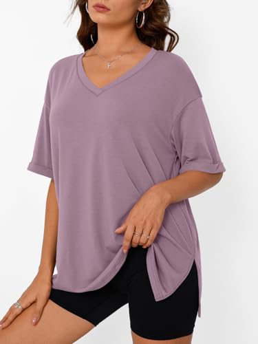 Trendy Queen Plus Size Oversized V Neck Tshirt Tops Workout Wear - color: Dark Pink, size: Large