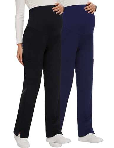 AMPOSH Women's Maternity Scrub Pants with 6 Pockets Stretchy Straight Leg Pregnancy Workwear - color: Black/Navy, size: X-Large