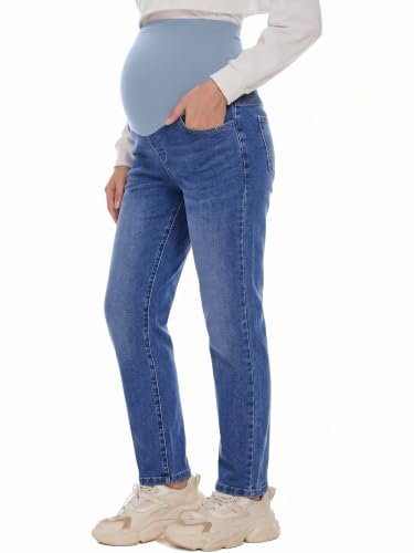 Yoklass Over The Belly Maternity Jeans Long Pants with Pockets - color: A02: Blue, size: Small