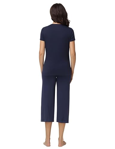 Womens Maternity Pajamas 2 Piece Set Short Sleeve - color: Navy, size: X-Large