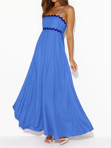 PRETTYGARDEN Women Spaghetti Strap Boho Maxi Dresses Flowy - color: Blue, size: Medium