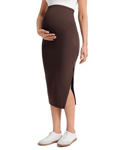 CRZ YOGA Maternity Side Split Midi Skirts - color: Hot Fudge Brown, size: X-Small