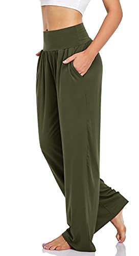 UEU Women's Wide Leg Lounge Pants High Waisted Casual Pants with Pockets - color: Army Green, size: Medium