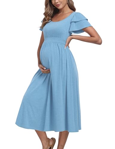 Ruffle Short Sleeve Maternity Dress High Waisted Midi Baby Shower Dresses - color: Light Blue, size: Large