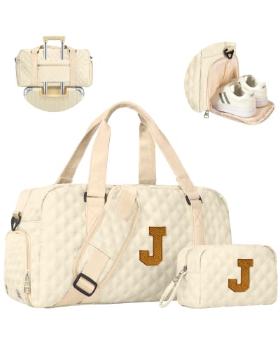 Initial Gym Bag 9 10 11 12 13 14 15 Year Old Girl Birthday Gift Weekend Bag - color: off whtie, style: J