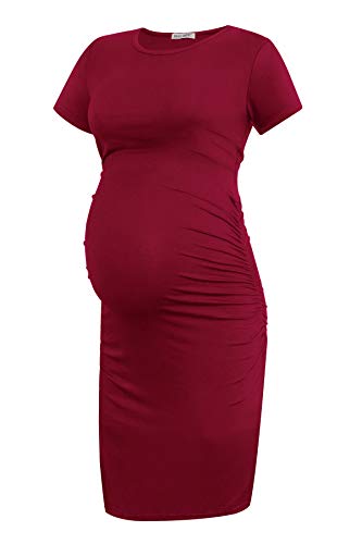 Smallshow Women's Short Sleeve Maternity Dress Ruched Pregnancy Clothes - color: Wine, size: Medium