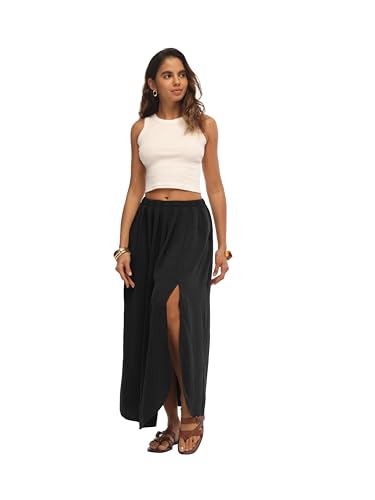 HiMONE Womens Maxi Skirt High Waisted Flowy A Line with Side Slit - color: A01-black, size: X-Large