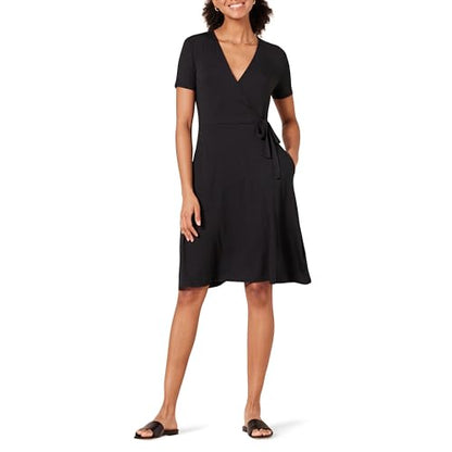 Amazon Essentials Women's Short Sleeve V Neck Faux-Wrap Dress, Fitted - color: Black, size: Medium