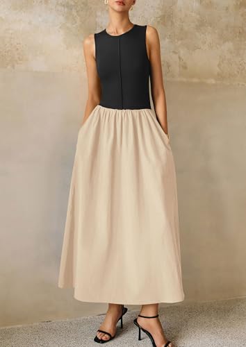 PRETTYGARDEN Pleated Maxi Dresses for Women with Pockets - color: Beige Black, size: Large