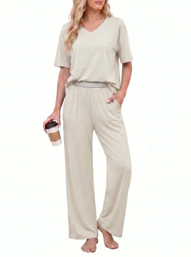 OUGES Women's Pajama Sets Lyocell Cotton Lounge Set Short Sleeve Soft Loungewear Casual Summer Travel 2 Piece Outfits - color: Beige Grey, size: X-Large