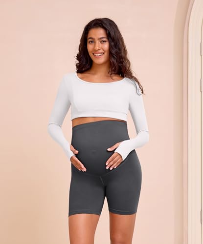 VALANDY Creamlush 4 Pack Maternity Shorts Over the Belly 5"/8" - color: 5 Inch - Black*2/Dark Grey/Wine Red, size: Small