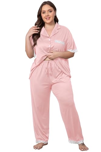 Vozanet Women Short Sleeve Long Pants Pajama Sets Lace Trim Button Down Sleepwear Plus Size Knit Loungewear Sexy Nighty - color: Light Pink, size: 3X-Large