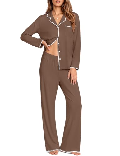 Ekouaer Pajamas for Women Set Long Sleeve Lounge Set Soft Button Down Pjs - color: Brown, size: Small