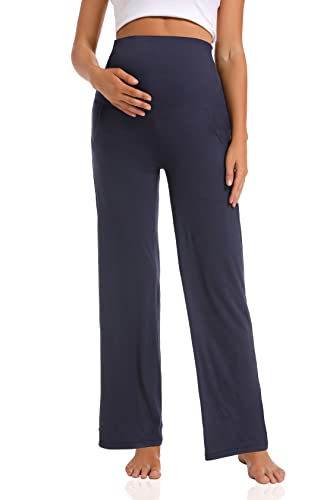 Foucome Women's Maternity Pants Wide Leg Pregnancy Work Pants - color: 2 Pack Black+navy, size: Small