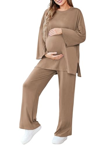 FMEYOA Womens Maternity Pajamas Sets 2 Piece Outfits Long Sleeve Tops and Pregnancy Loungewear Mama Clothes with Pockets - color: 06-khaki, size: Medium