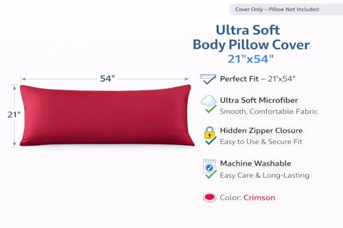 EVOLIVE Body Pillow Cover 21"x54", Microfiber, Hidden Zipper (Crimson) - color: Crimson