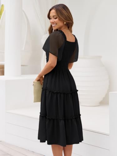 LILLUSORY Women Tiered Flutter Sleeve Square Neck Smocked Midi Dress - color: Black, size: X-Large