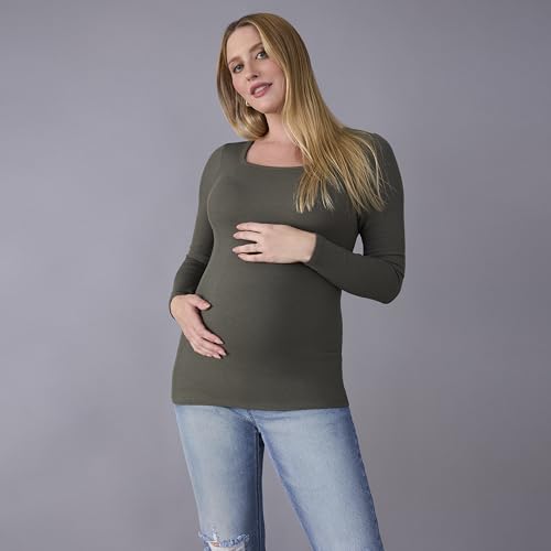 Motherhood Maternity Women's Long Sleeve Square Neck Ribbed Pregnancy T-Shirt - color: Thyme, size: Medium