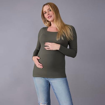 Motherhood Maternity Women's Long Sleeve Square Neck Ribbed Pregnancy T-Shirt - color: Thyme, size: Medium