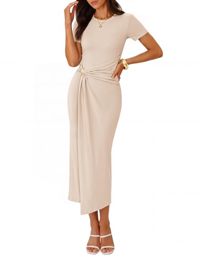 ZESICA Women's Summer Short Sleeve Wrap Cocktail Midi Dress - color: Apricot, size: X-Small