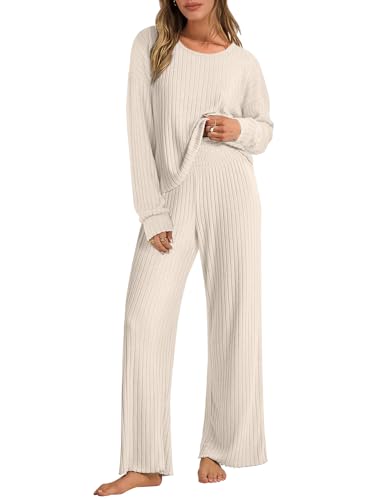 ANRABESS Women 2 Piece Lounge Pajamas Sets Casual Fall Outfits - color: Beige, size: XX-Large