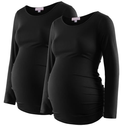 Maternity Shirt Long Sleeve Basic Top Ruch Sides Bodycon Tshirt for Pregnant Women - color: Black/Black, size: Small