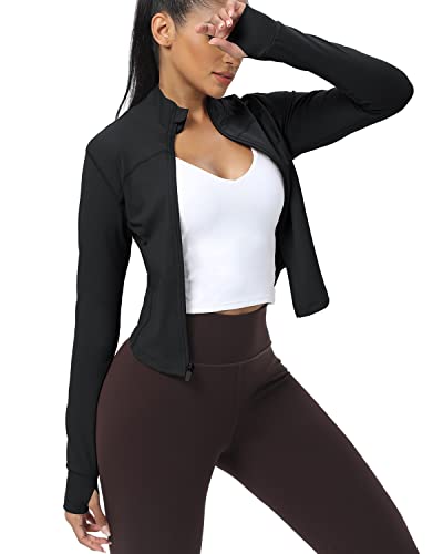 AVGO Women's Cropped Running Workout Jackets Zip Slim Fit Athletic Tops with Thumb Holes - color: Black, size: X-Small