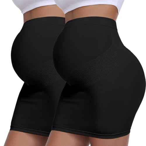 Women's Maternity Pencil Skirt Over Belly, High Waisted Solid Stretchy Pregnancy Shapewear Dress Bump Support 2-Pack - color: Black, size: Large
