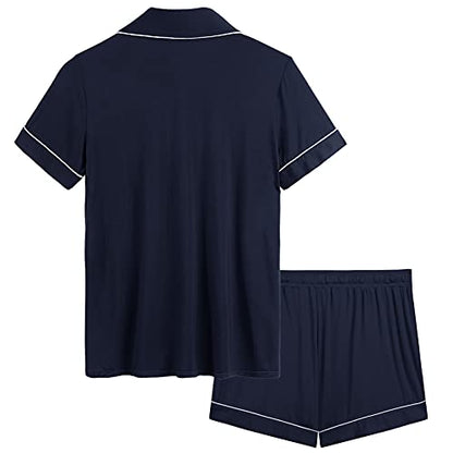 Cherrydew Women's Bamboo Viscose Cooling Button Up Pajama Shorts Set - color: Navy, size: Small