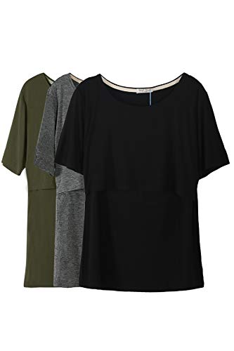 Smallshow Women's Maternity Nursing Tops Short Sleeve Breastfeeding Clothes - color: Army Green-black-dim Grey(3 Pack), size: Medium