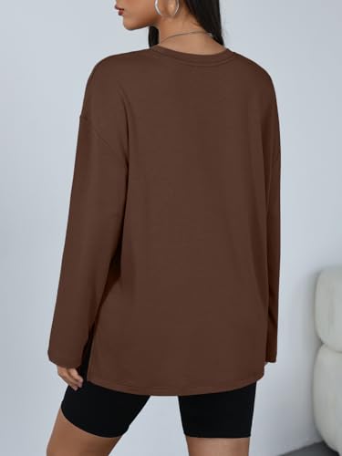 Trendy Queen Womens Oversized Side Slit Long Sleeve Shirts Fall Tops - color: Brown, size: Small