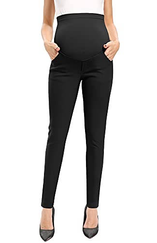 POSHGLAM Women's Maternity Pants Casual Work Pull-on Stretch Comfy Skinny Pregnancy Pants with Pockets - color: Black, size: Medium