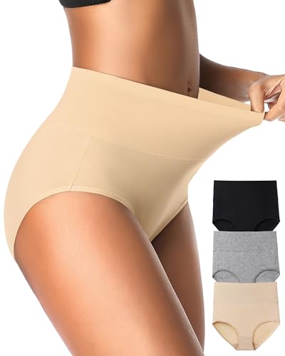 Eiggam Tummy Control Underwear Soft High Waisted underwear Full Coverage Briefs Breathable Postpartum Cotton Womens Panties - color: Multicoloured D - 3 Pack, size: Medium