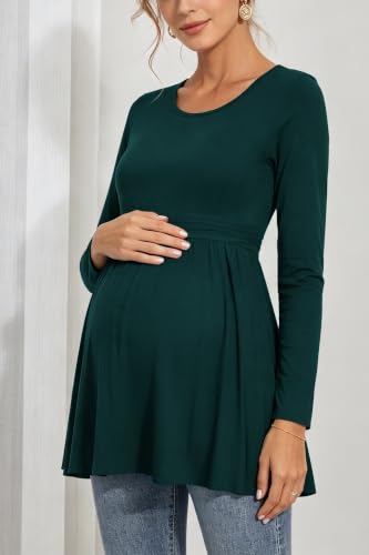 Women's Maternity Tops Short & Long Sleeve Pleated Waist Shirts Pregnancy Clothes - color: Deep Green, size: Medium