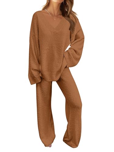 MEROKEETY Women's Fall Fleece 2 Piece Outfits Pajama Lounge Sets - color: Brown, size: Small